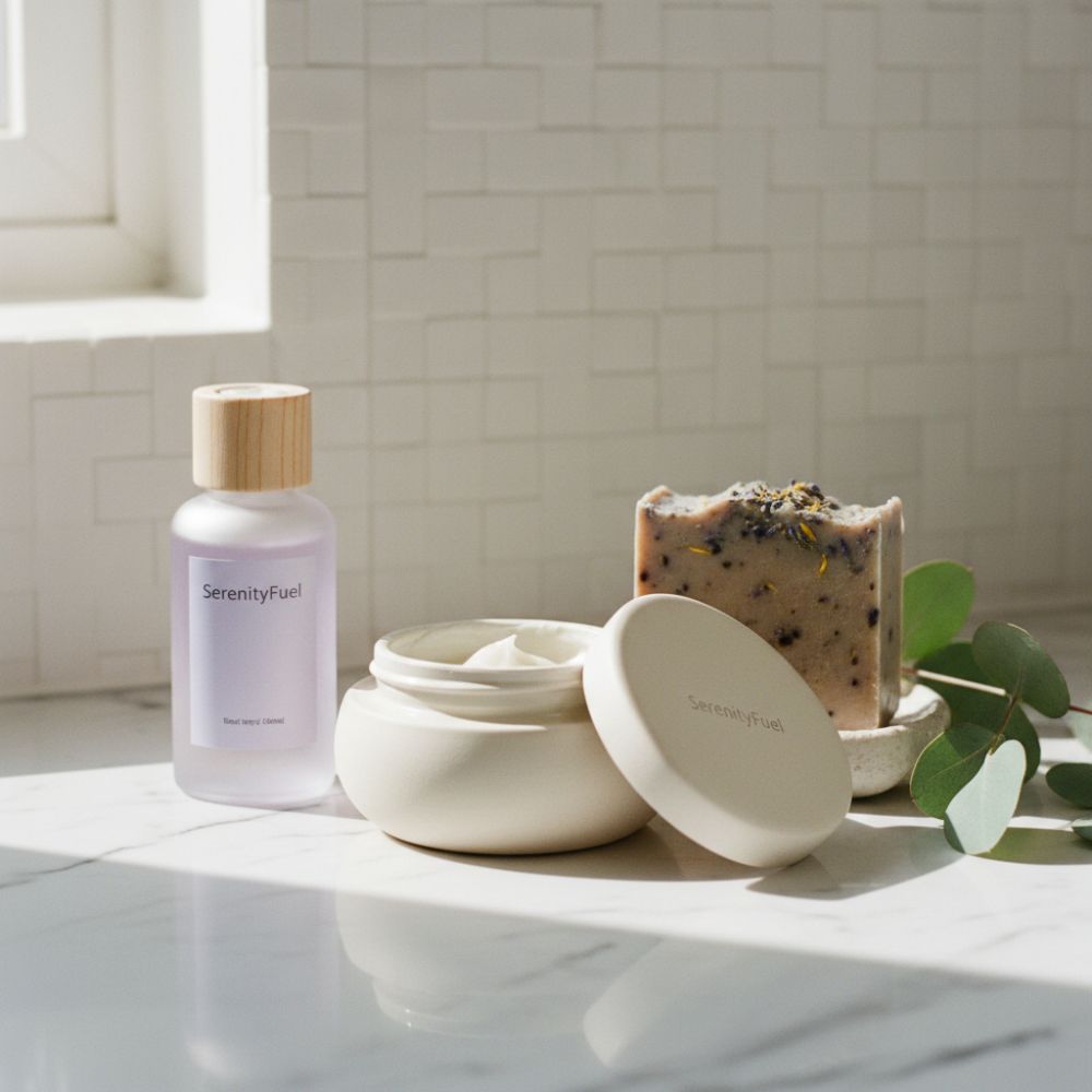 Bathroom setting with skincare products and a bar of soap on a tiled surface.