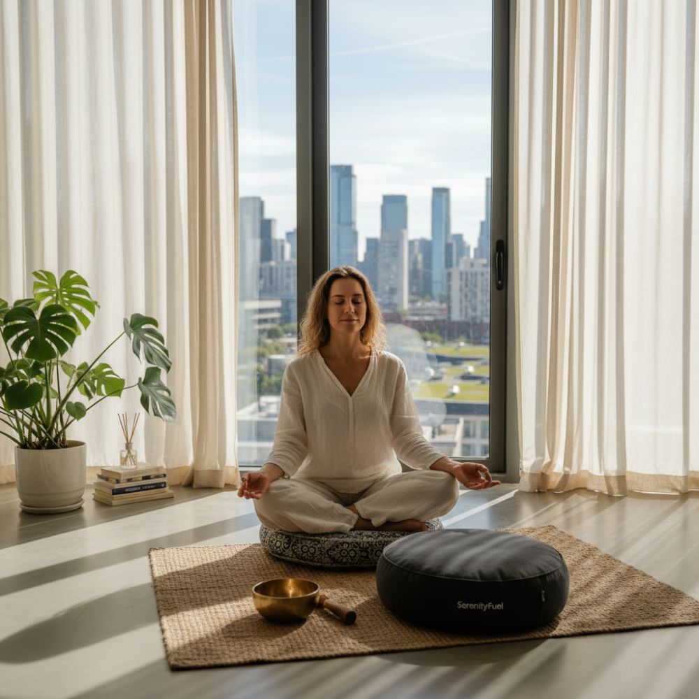 Woman meditating in a modern living room with cityscape view
