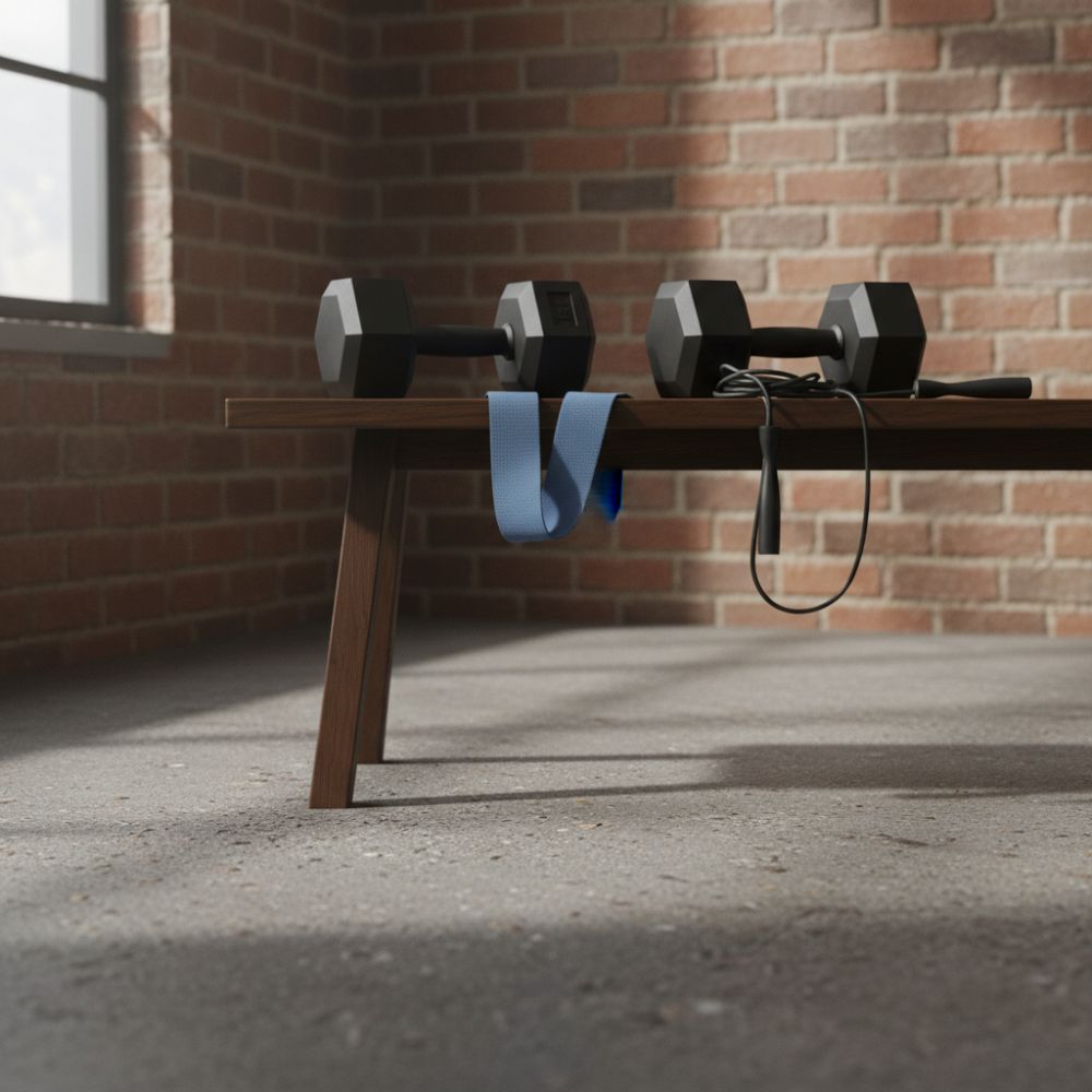 Wooden bench with dumbbells, resistance bands, and jump rope against a brick wall.