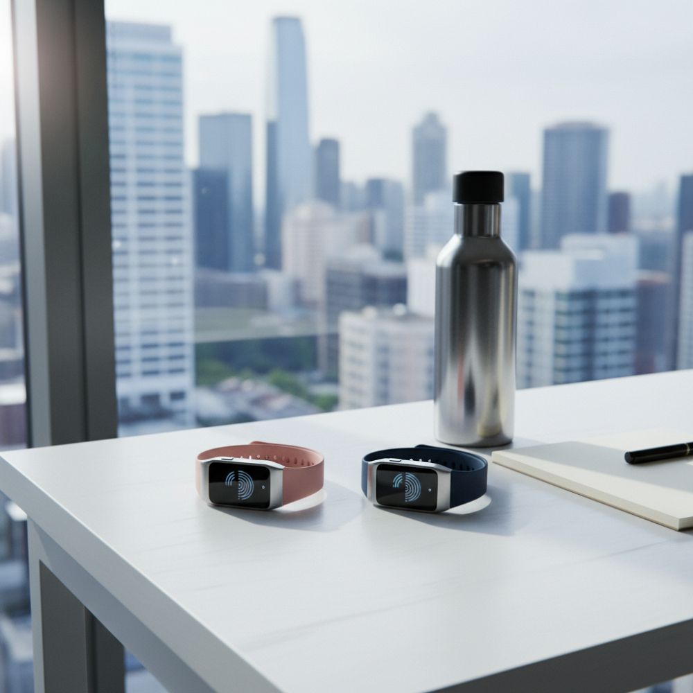 Two smartwatches on a desk with a cityscape view through a window.