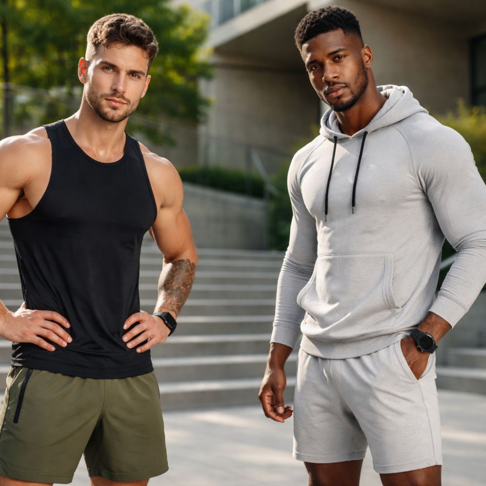 Two men in athletic wear standing outdoors with a building and greenery in the background.